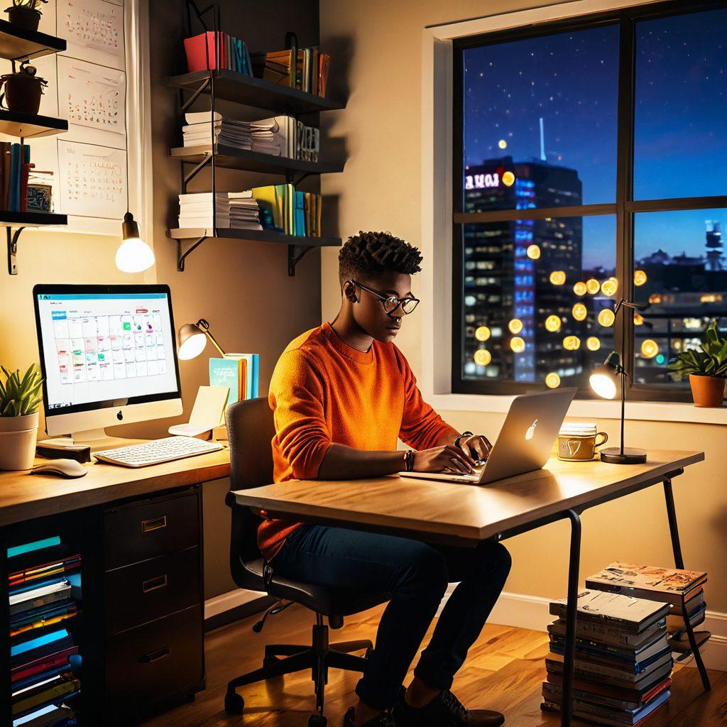 A vibrant illustration of a person sitting at a desk, deeply focused on reading emails, with dollar signs and glowing lightbulbs symbolizing profit and ideas emerging from the screen. Surround the scene with stacks of books and coffee cups to emphasize productivity and transformation. Include elements like graphs showing increased revenue and a calendar with scheduled reading time. The setting should be modern and inviting, hinting at a cozy home office. digital art. vibrant colors. cozy atmosphere.