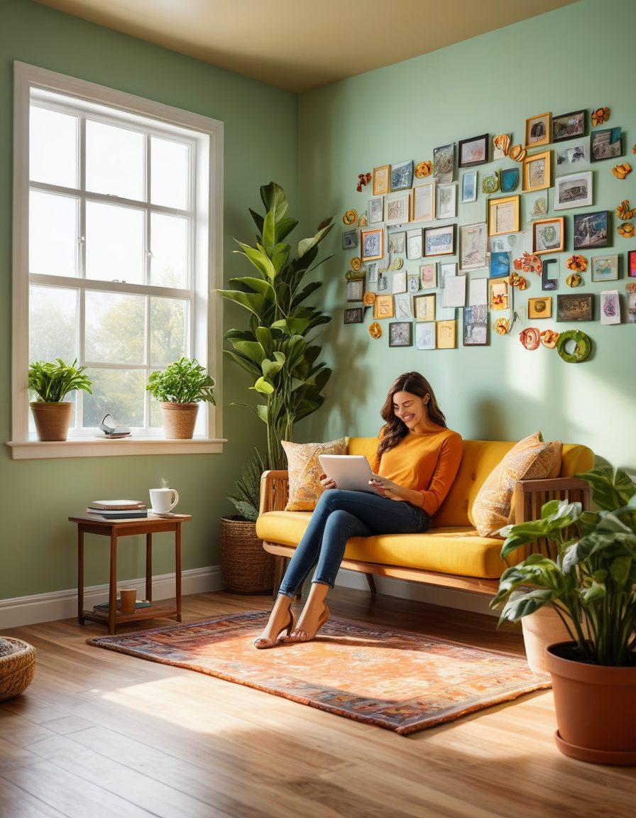 A cozy reading nook with a person happily reading an email on a tablet surrounded by floating dollar signs and books, symbolizing financial gain and knowledge. The room is filled with bright sunlight, potted plants, and a coffee mug by the side, creating a warm atmosphere. Super-realistic. Vibrant colors. Cozy ambiance.