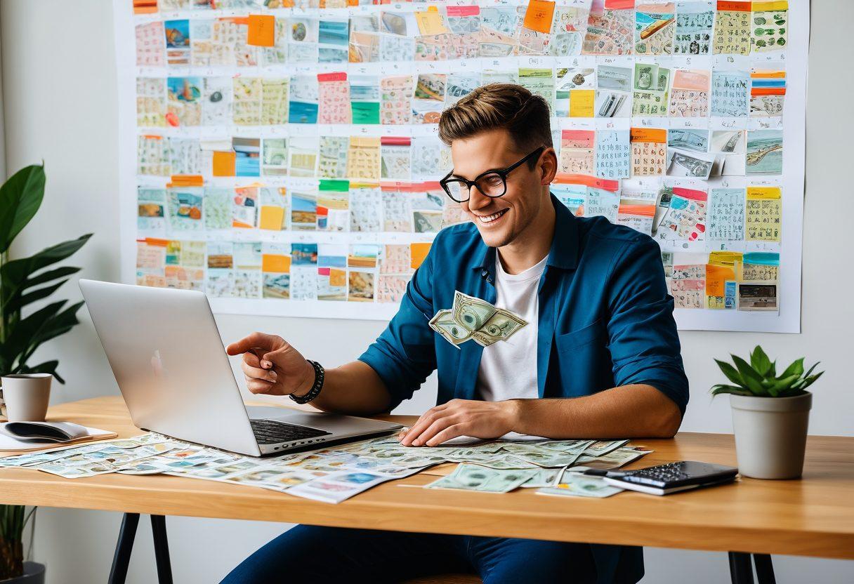 A modern workspace featuring a person happily reading emails on a laptop, with dollar bills and coins floating around to symbolize monetization. The background showcases vibrant charts and a calendar marking important dates, emphasizing productivity and financial growth. Warm and inviting color palette. super-realistic. vibrant colors. white background.
